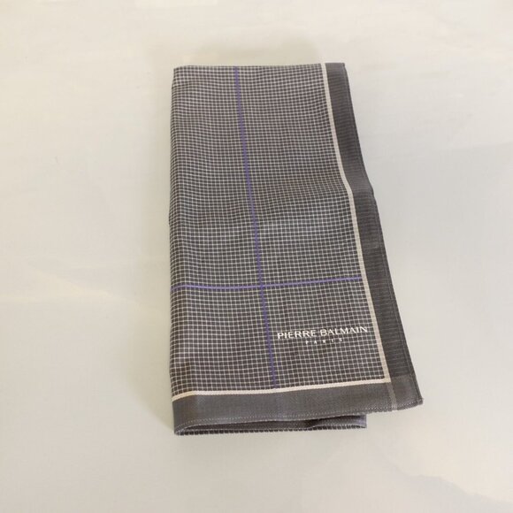 Pierre Balmain Handkerchief Mens Gray Plaid Check Pocket Square Luxury Paris